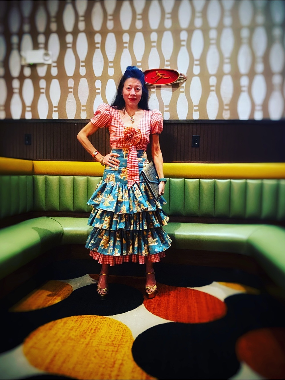 Vintage-Inspired Baby Cowboy Print Tiered Midi Skirt in Turquoise Blue 6 - Picture 7 of 7